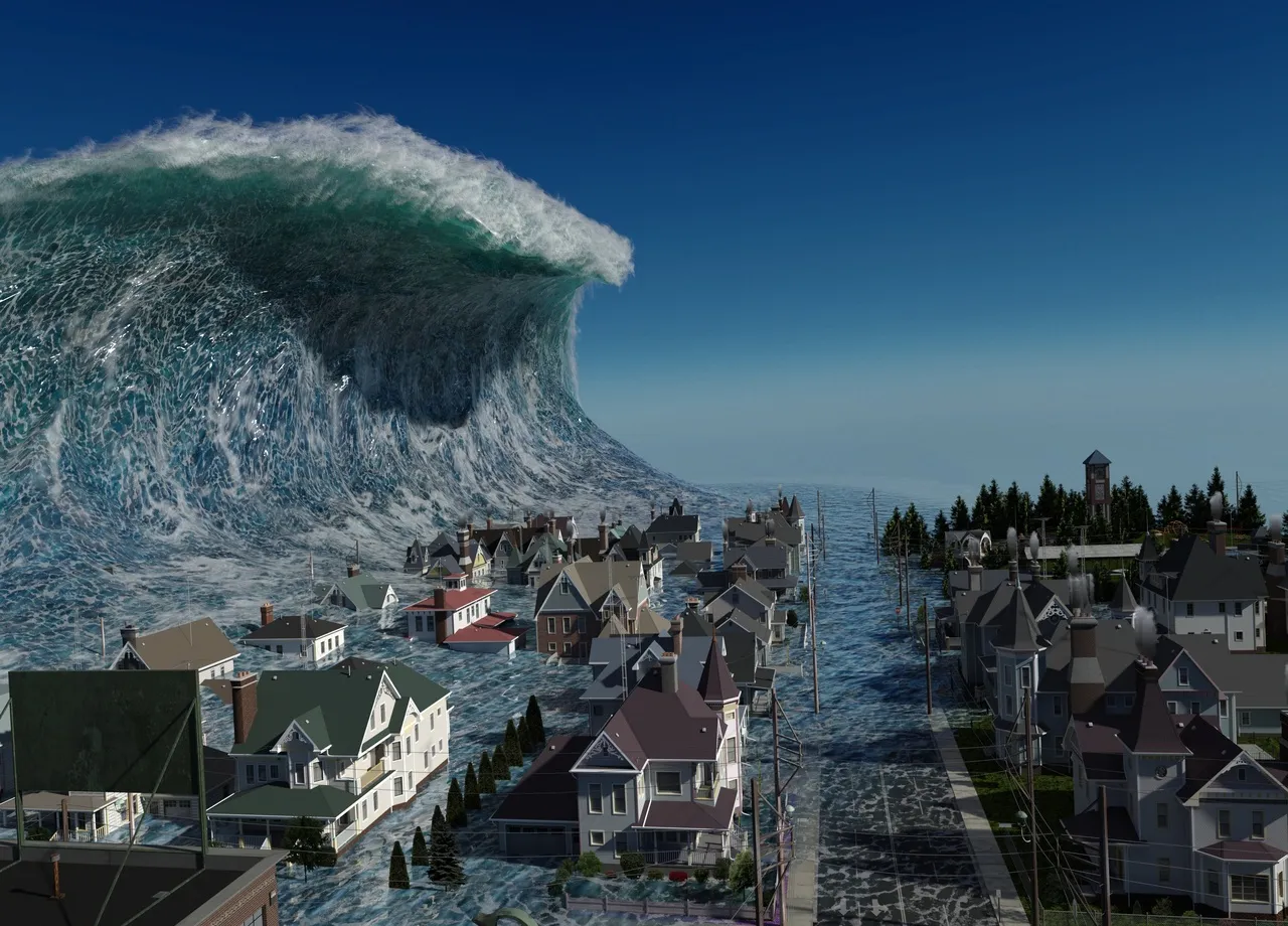 un tsunami qui s'abat sur des maisons